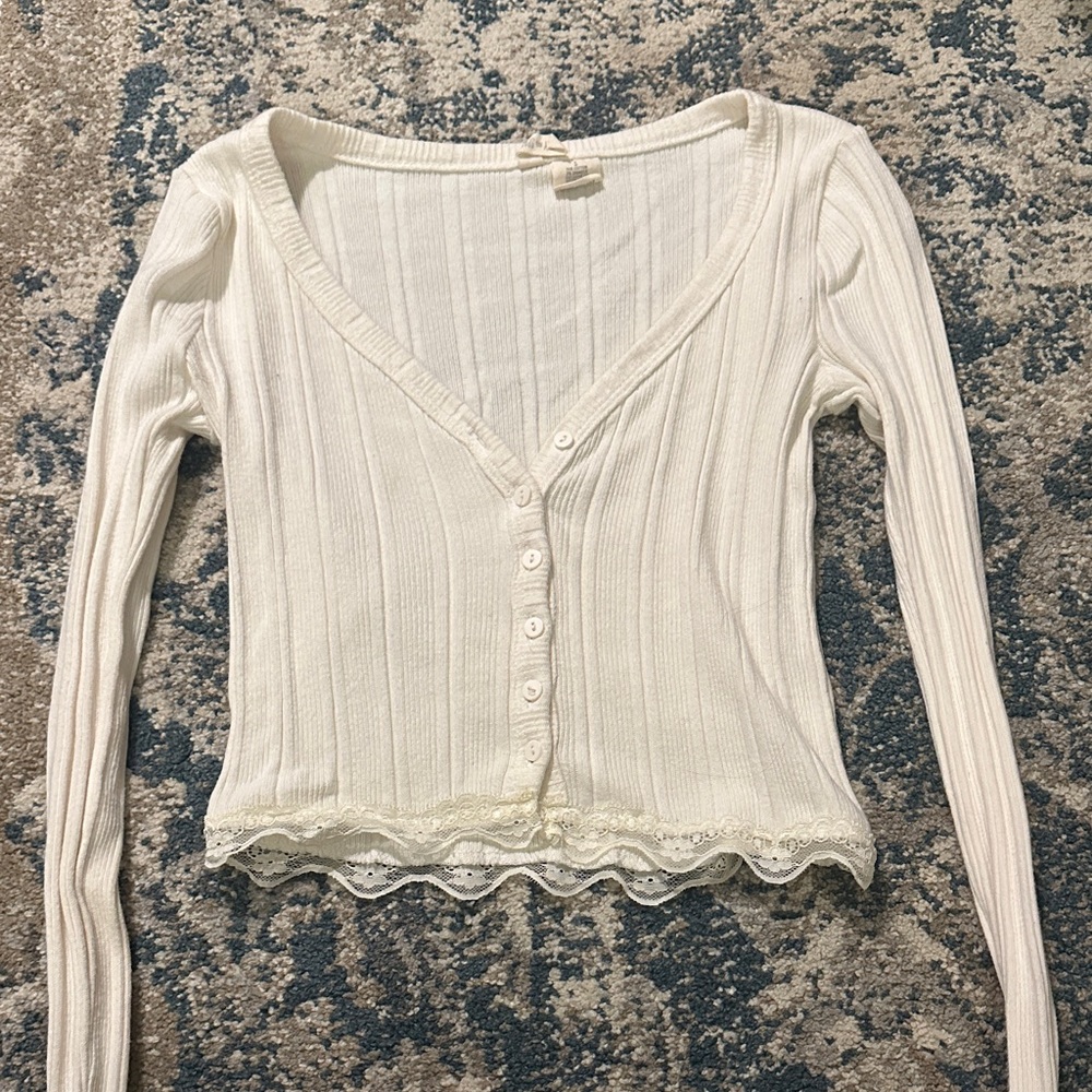Ivory Ribbed Lace Trim Button-Front Top